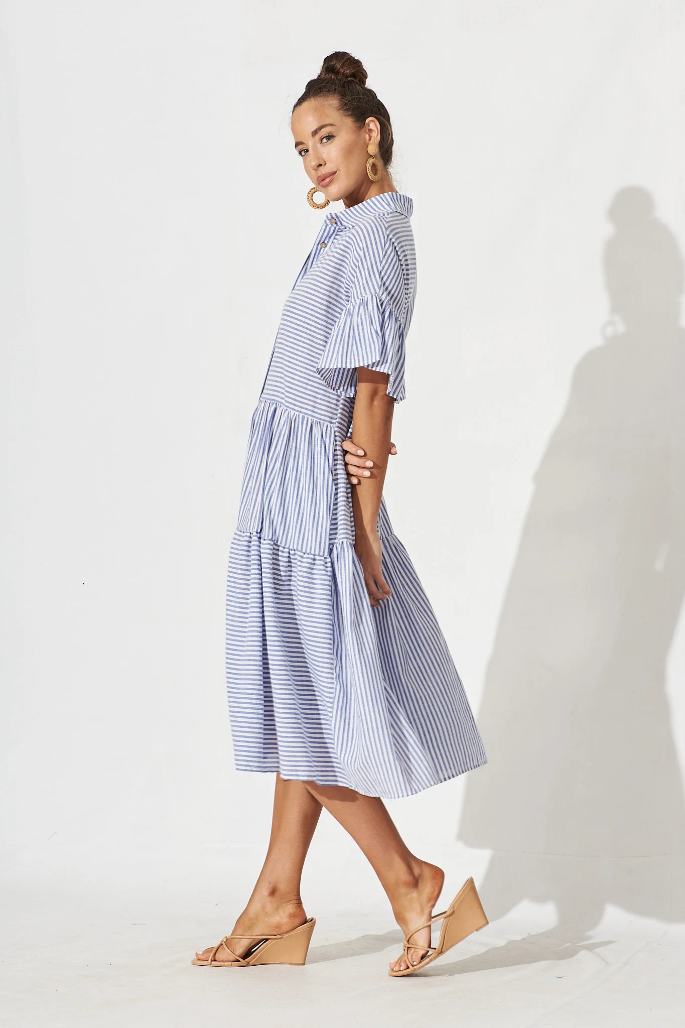Gwennie Midi Shirt Dress In Blue And White Stripe Cotton - Image 3