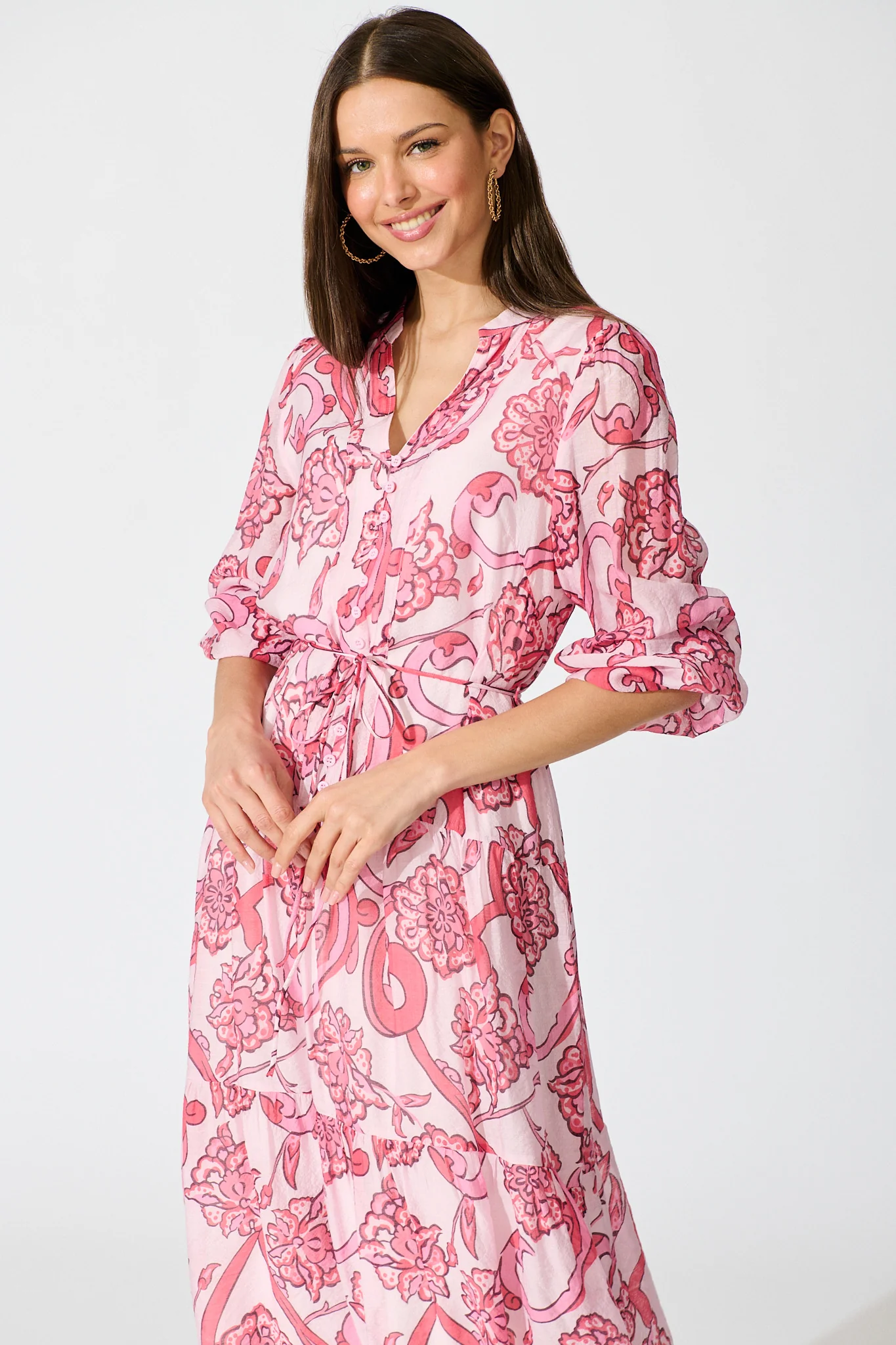 Halona Midi Dress in Pink with Paisley Print - Image 2
