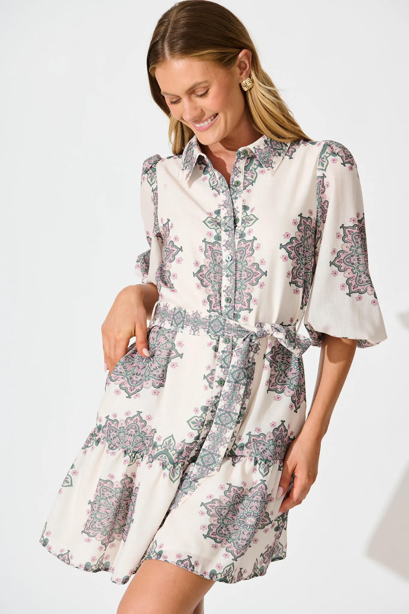 Harbour Shirt Dress in Cream with Green Multi Linen Blend - Image 2