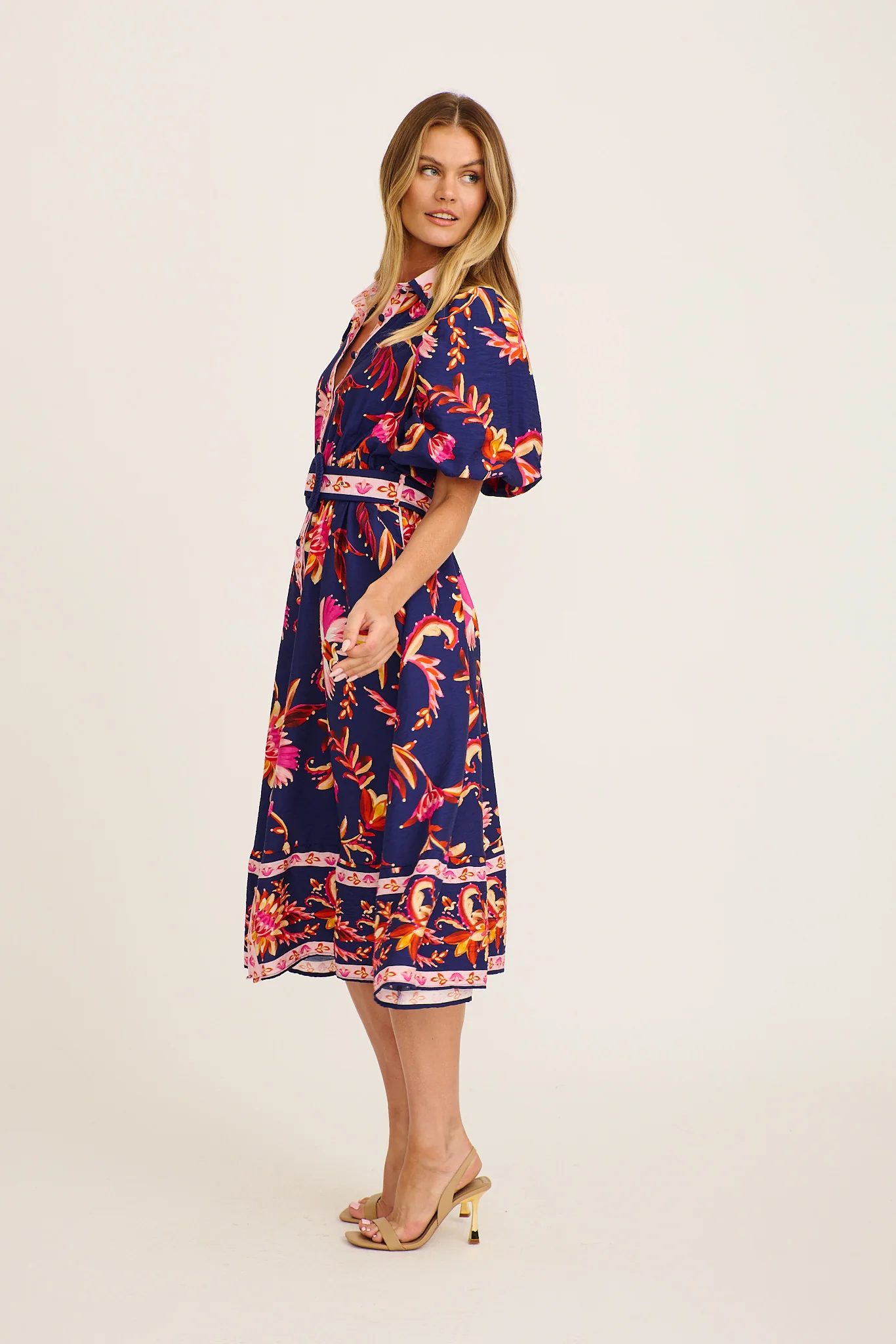 Hari Midi Shirt Dress in Navy with Pink Floral Linen Blend - Image 3