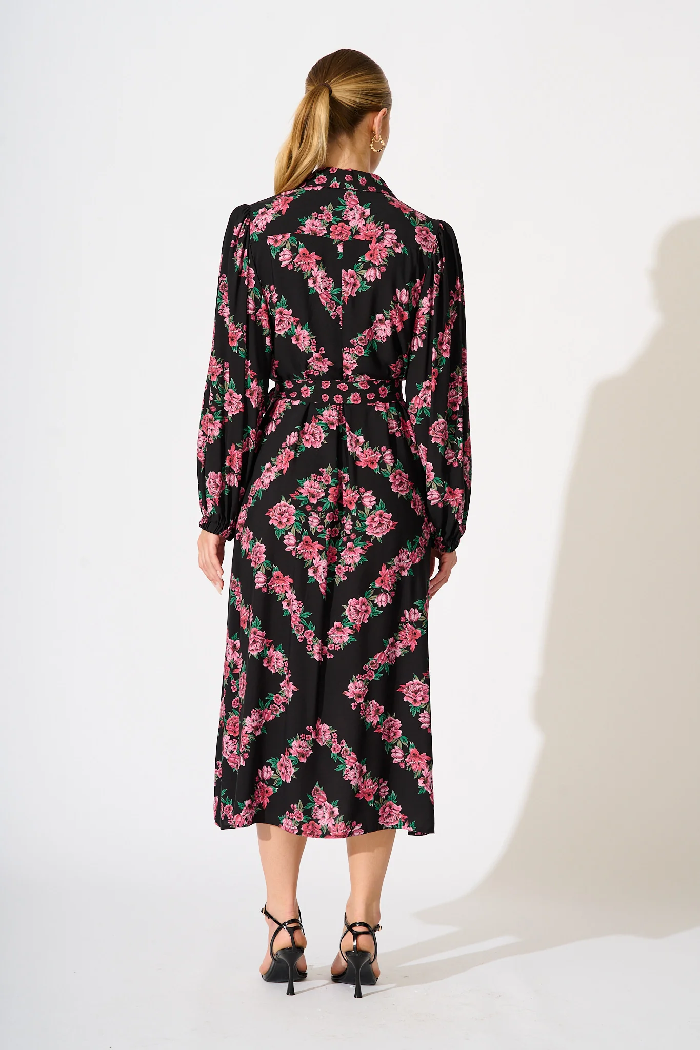 Harlee Midi Shirt Dress in Black with Pink Floral - Image 4