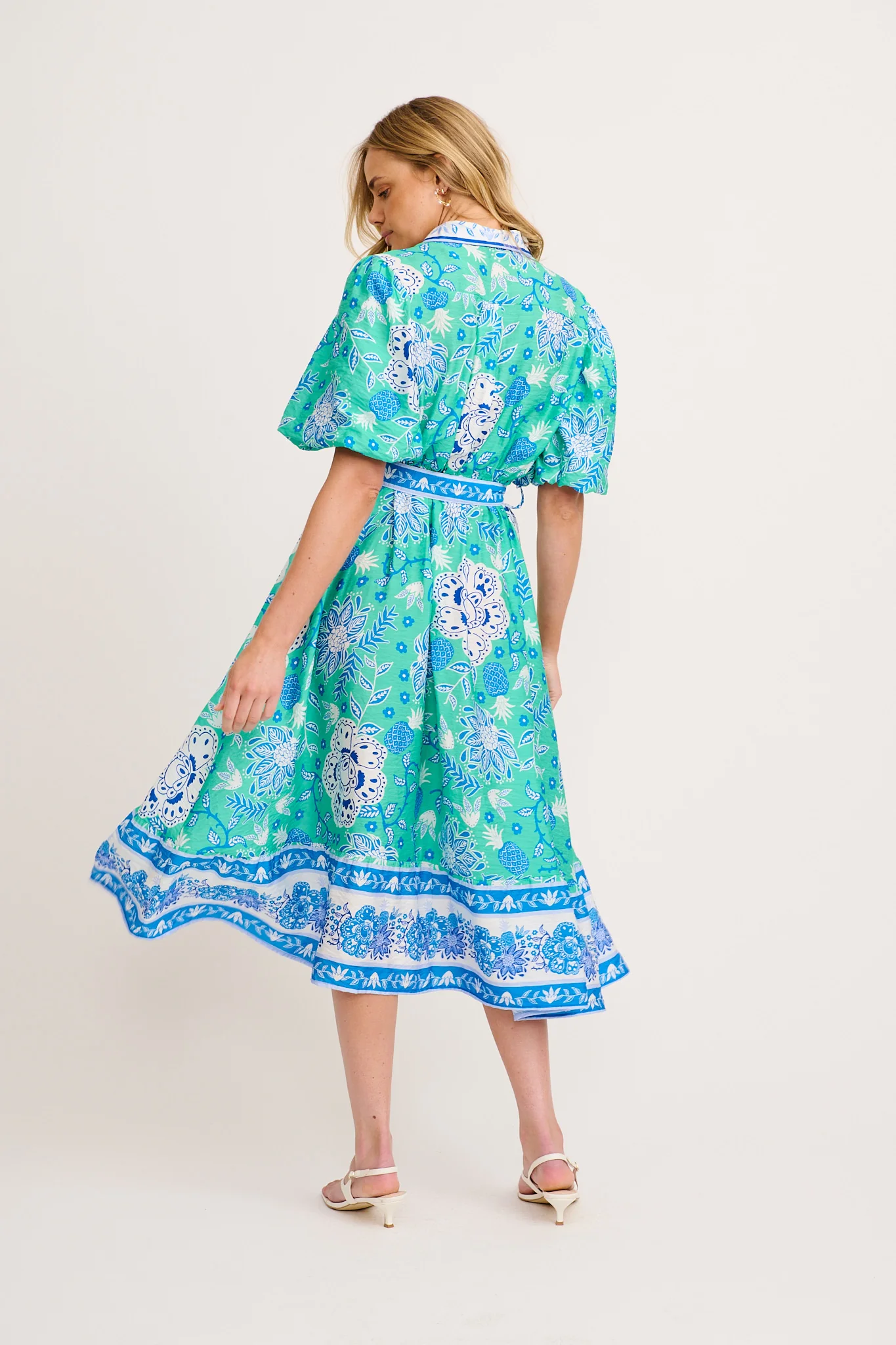 Harlyn Maxi Shirt Dress in Green with Blue Floral Linen Blend - Image 4
