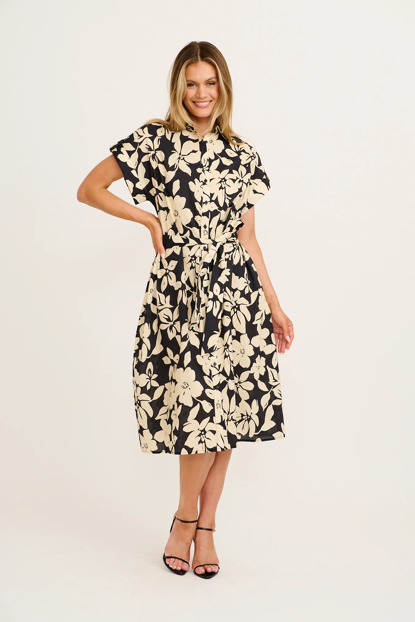 Hartlee Midi Shirt Dress in Cream with Black Floral Cotton