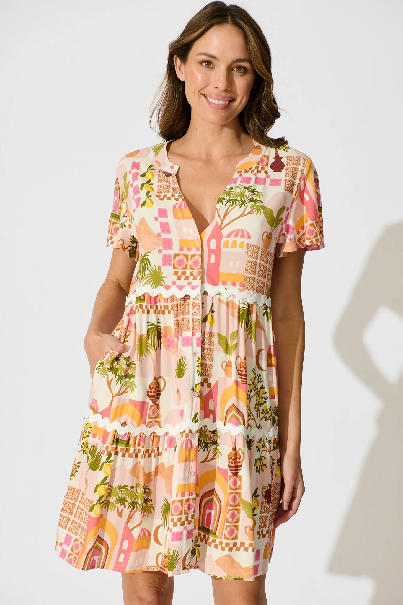 Hayati Smock Dress in Multi Beige Print With Ric Rac Trim - Image 2