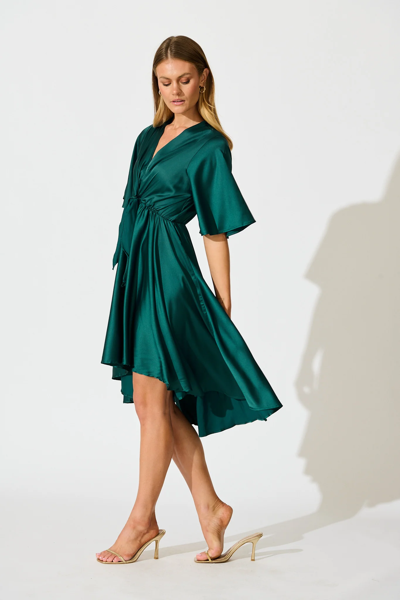 Helsinki Dress In Emerald Green Satin - Image 2