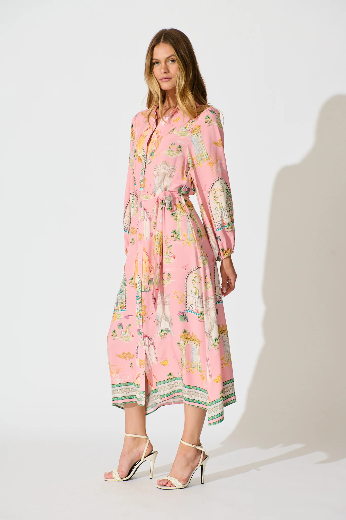 Henley Midi Shirt Dress in Pink Multi Print - Image 3