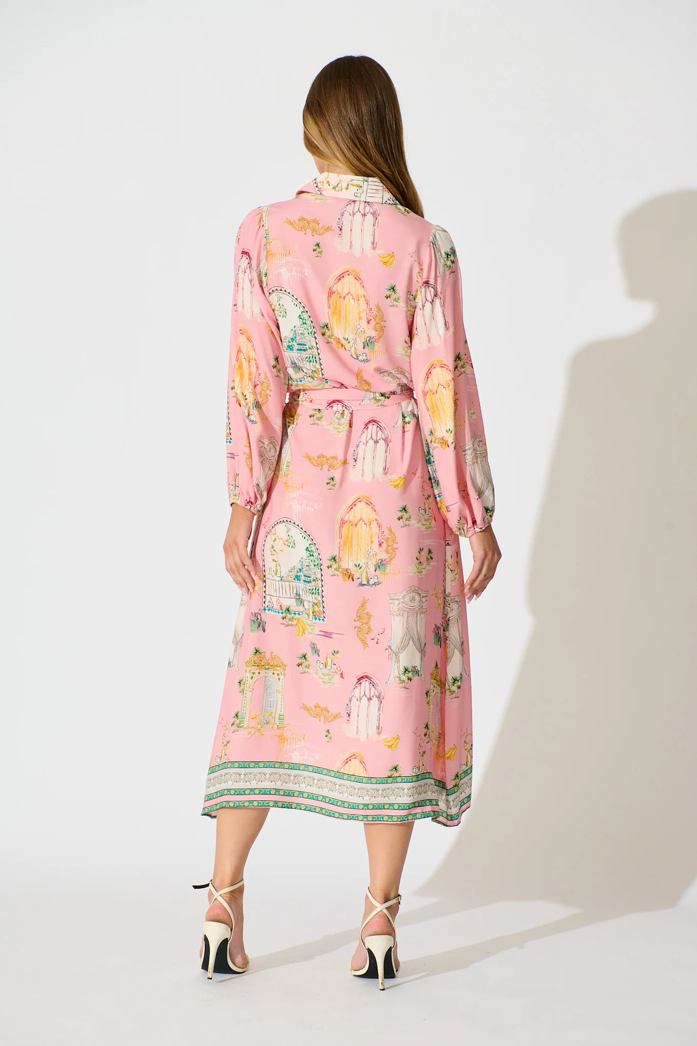 Henley Midi Shirt Dress in Pink Multi Print - Image 4