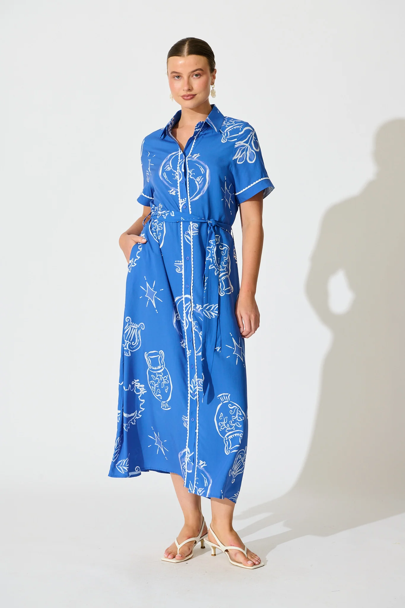Hope Midi Shirt Dress in Blue with White Print
