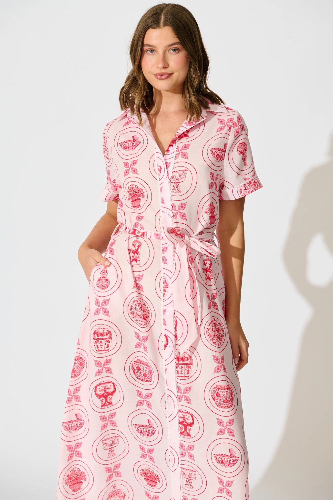 Hope Midi Shirt Dress in Pink Tiles Linen Blend - Image 2