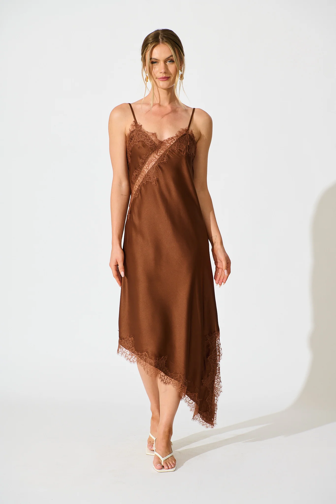 Illusion Midi Dress in Chocolate Satin