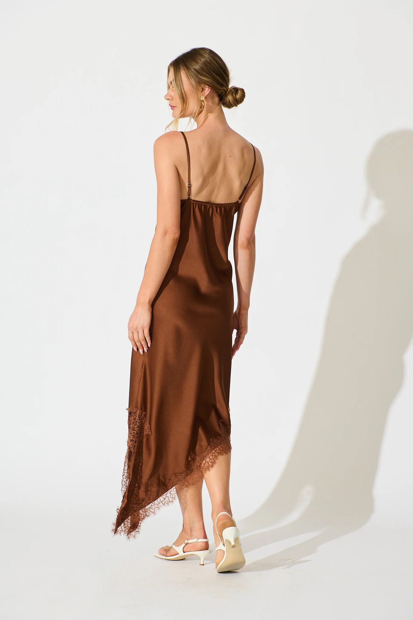 Illusion Midi Dress in Chocolate Satin - Image 4