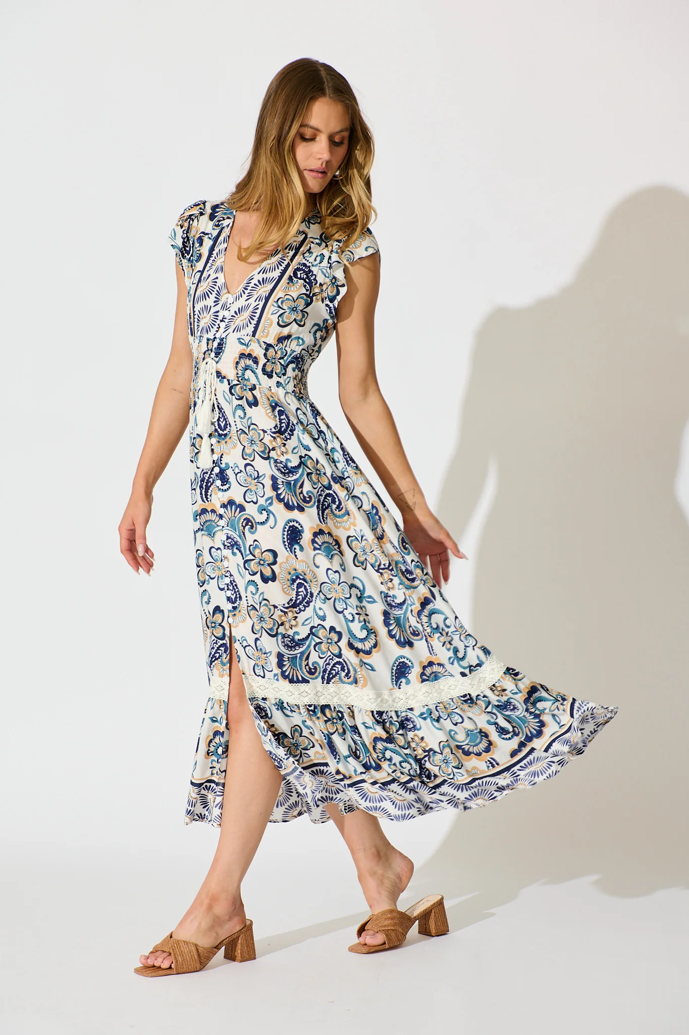 Ilysssa Maxi Dress in White with Blue Boho Print - Image 3