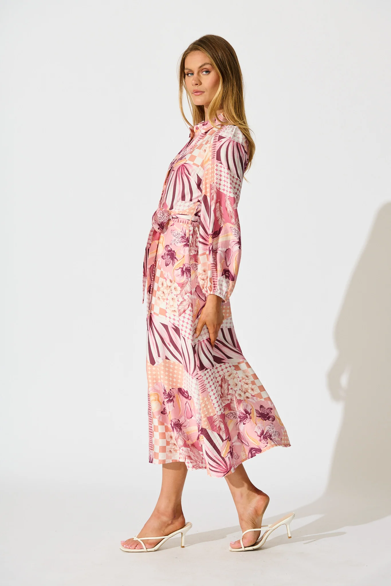 Imagination Midi Shirt Dress in Pink Patchwork Floral - Image 3