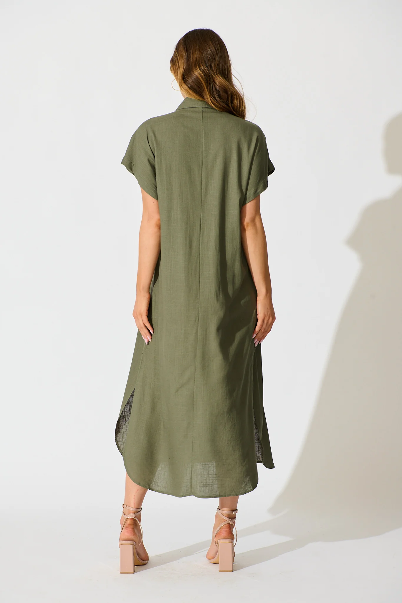 Imari Midi Dress in Khaki Linen Blend - Image 4