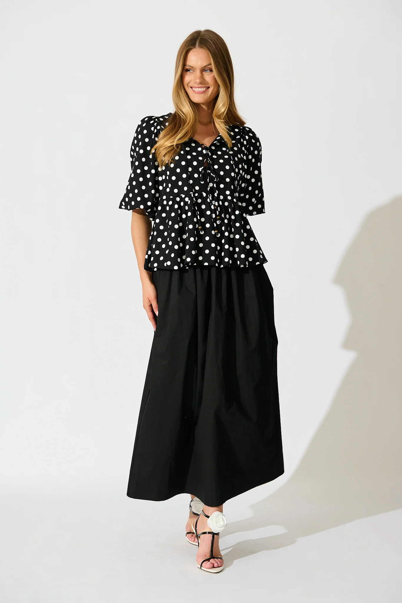 In the Spotlight Tie Front Top in Black with White Polka Dot - Image 4