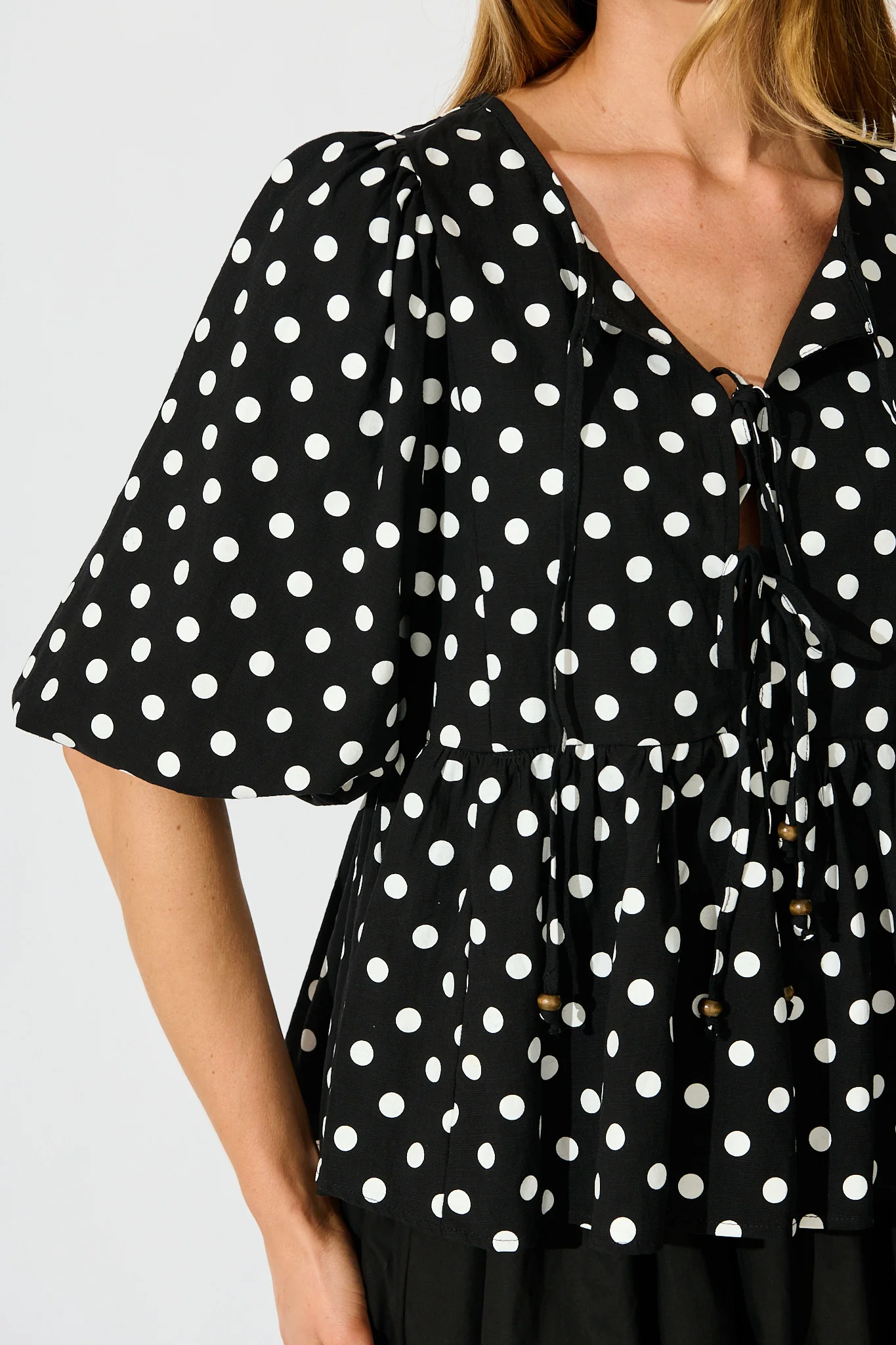 In the Spotlight Tie Front Top in Black with White Polka Dot - Image 5