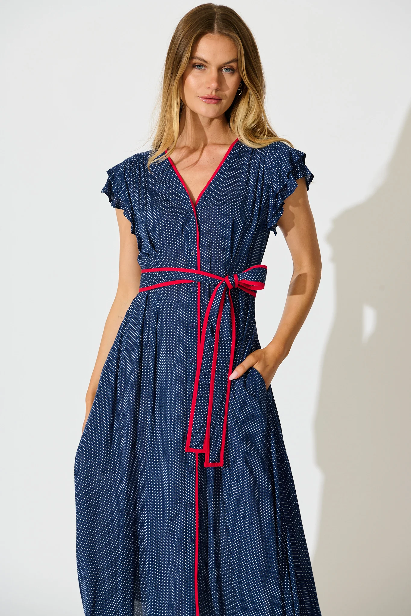Inara Midi Dress in Navy with Polka Dot - Image 2