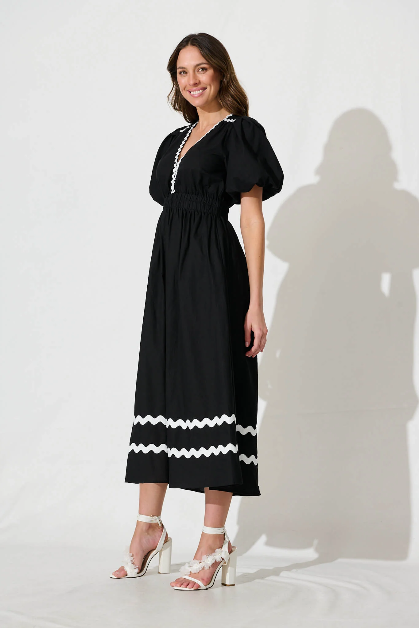 Indi Maxi Dress In Black With White Ric Rac Trim Cotton - Image 3