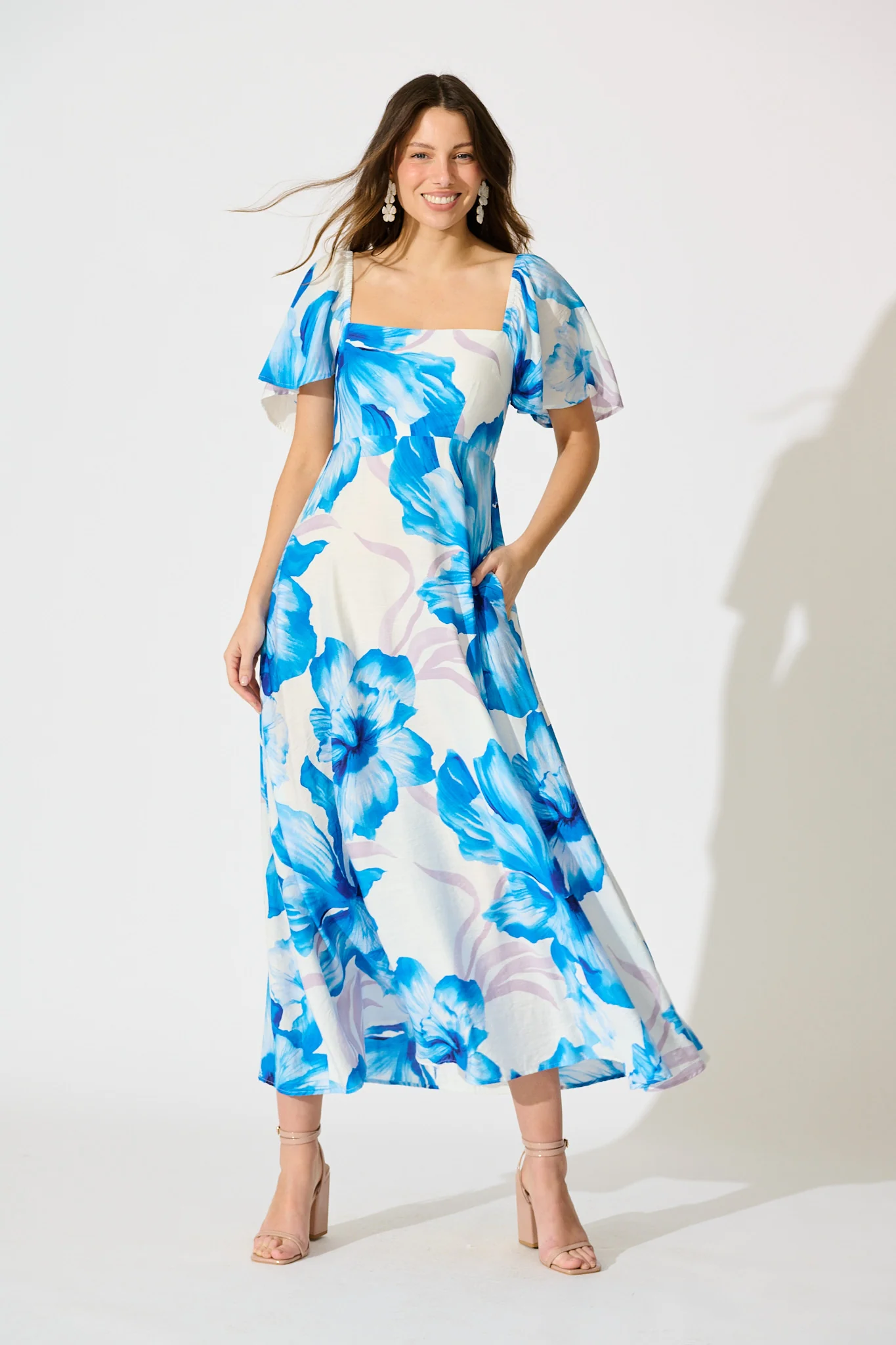 Indira Maxi Dress in White with Blue Floral