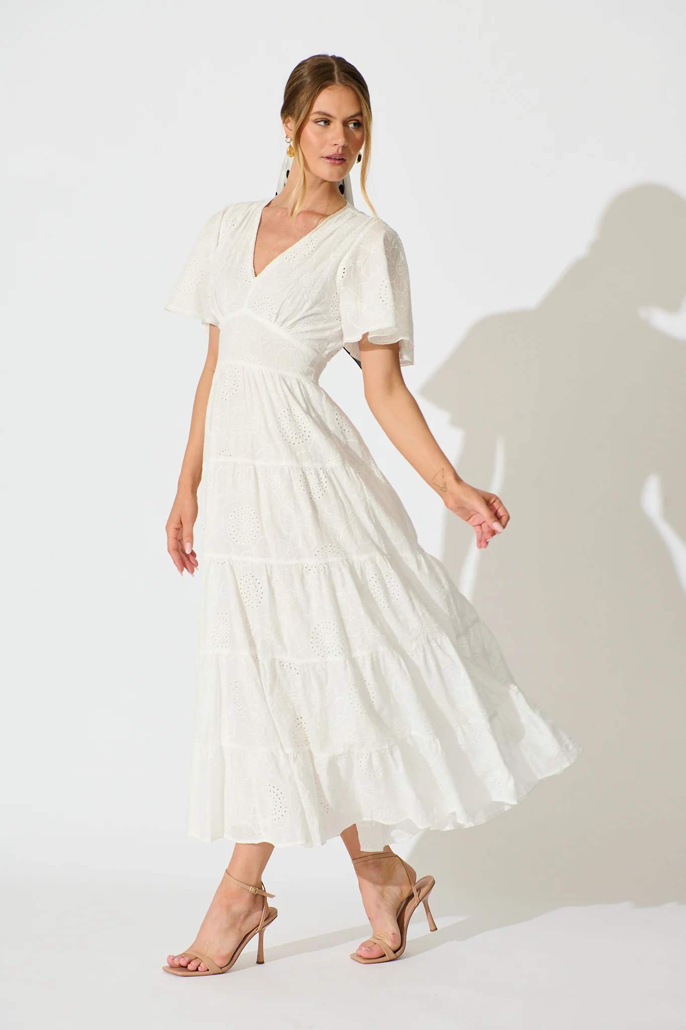 Indra Tierred Maxi Dress In White Embroidered Cotton - Image 4