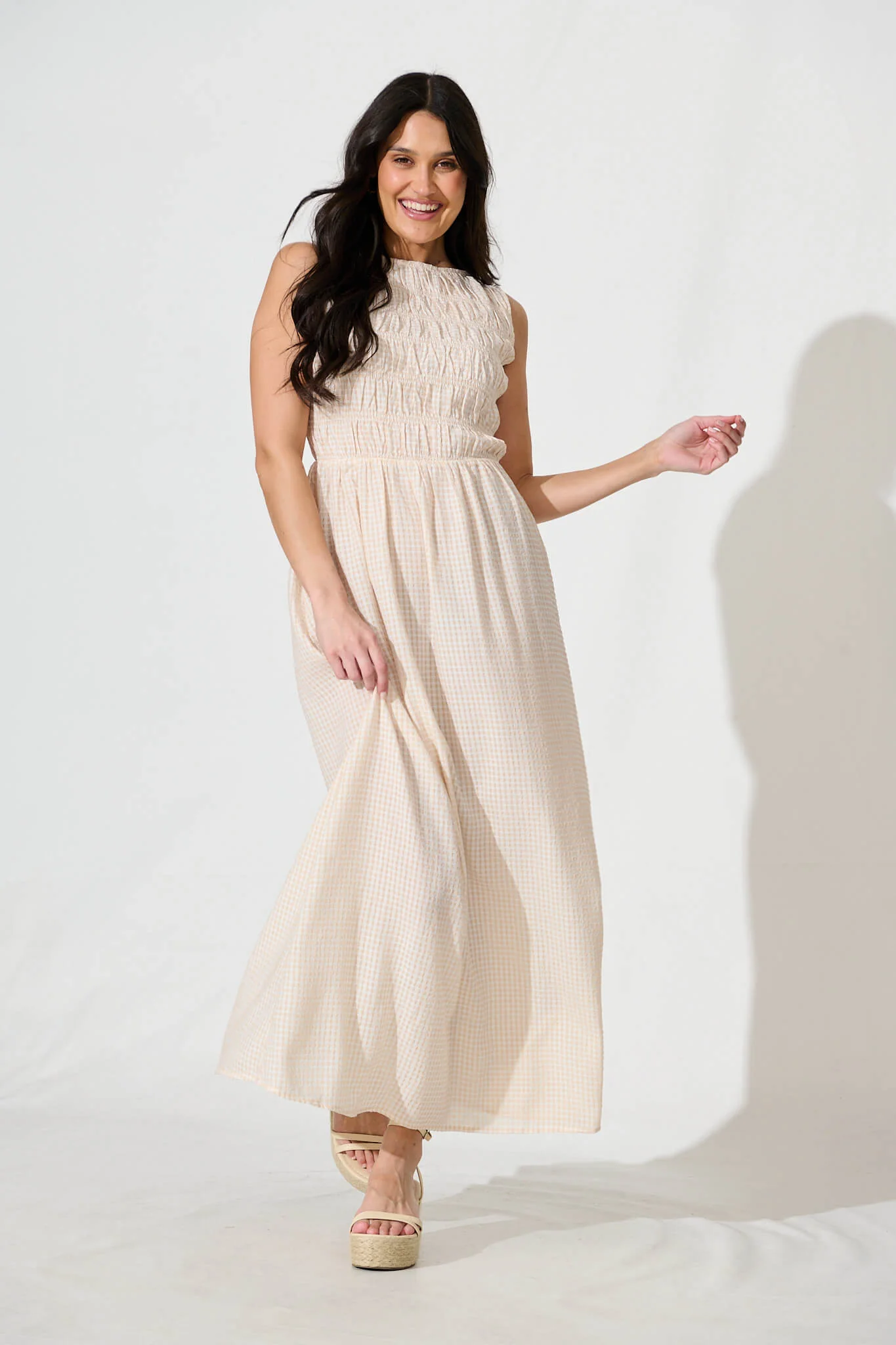 Ionia Maxi Dress in Beige and White Gingham