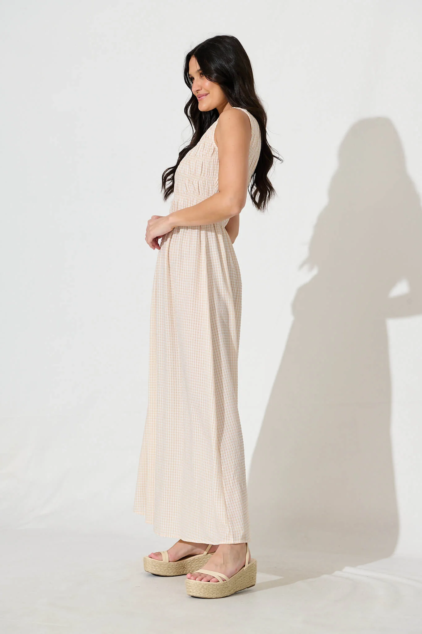 Ionia Maxi Dress in Beige and White Gingham - Image 3