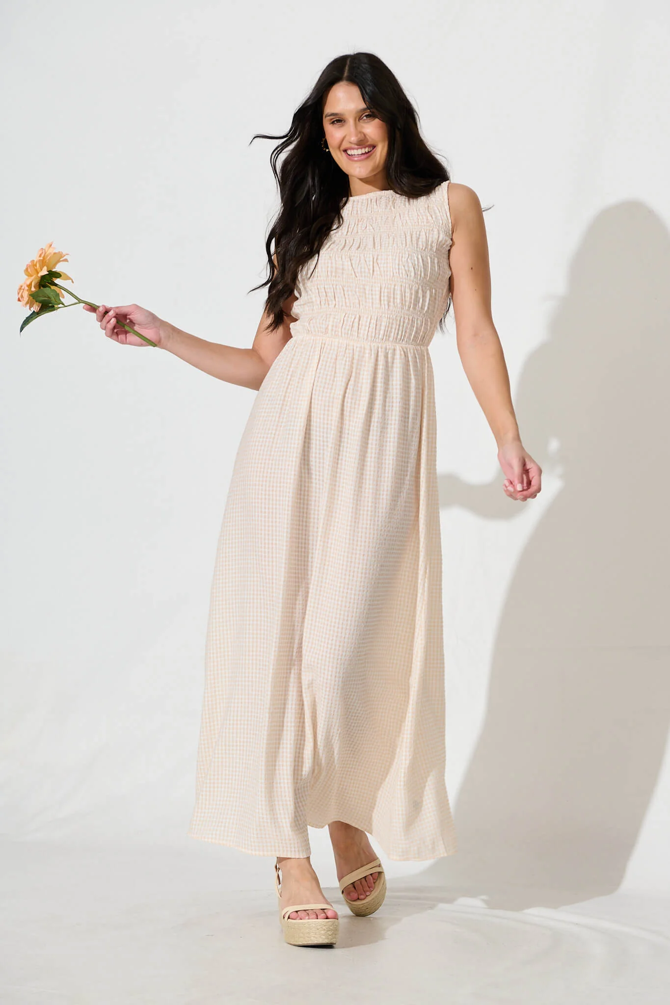 Ionia Maxi Dress in Beige and White Gingham - Image 5