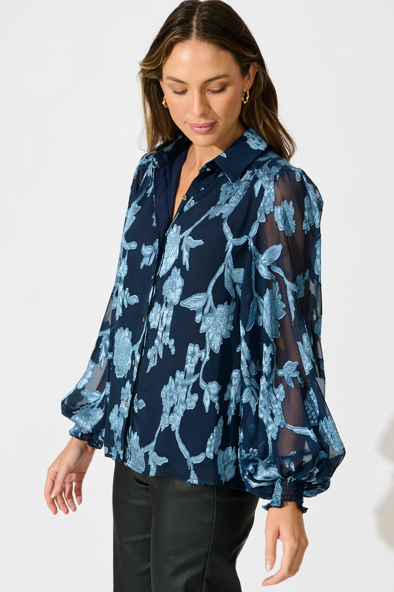 Irene Shirt in Navy with Blue Floral Burnout Chiffon - Image 2