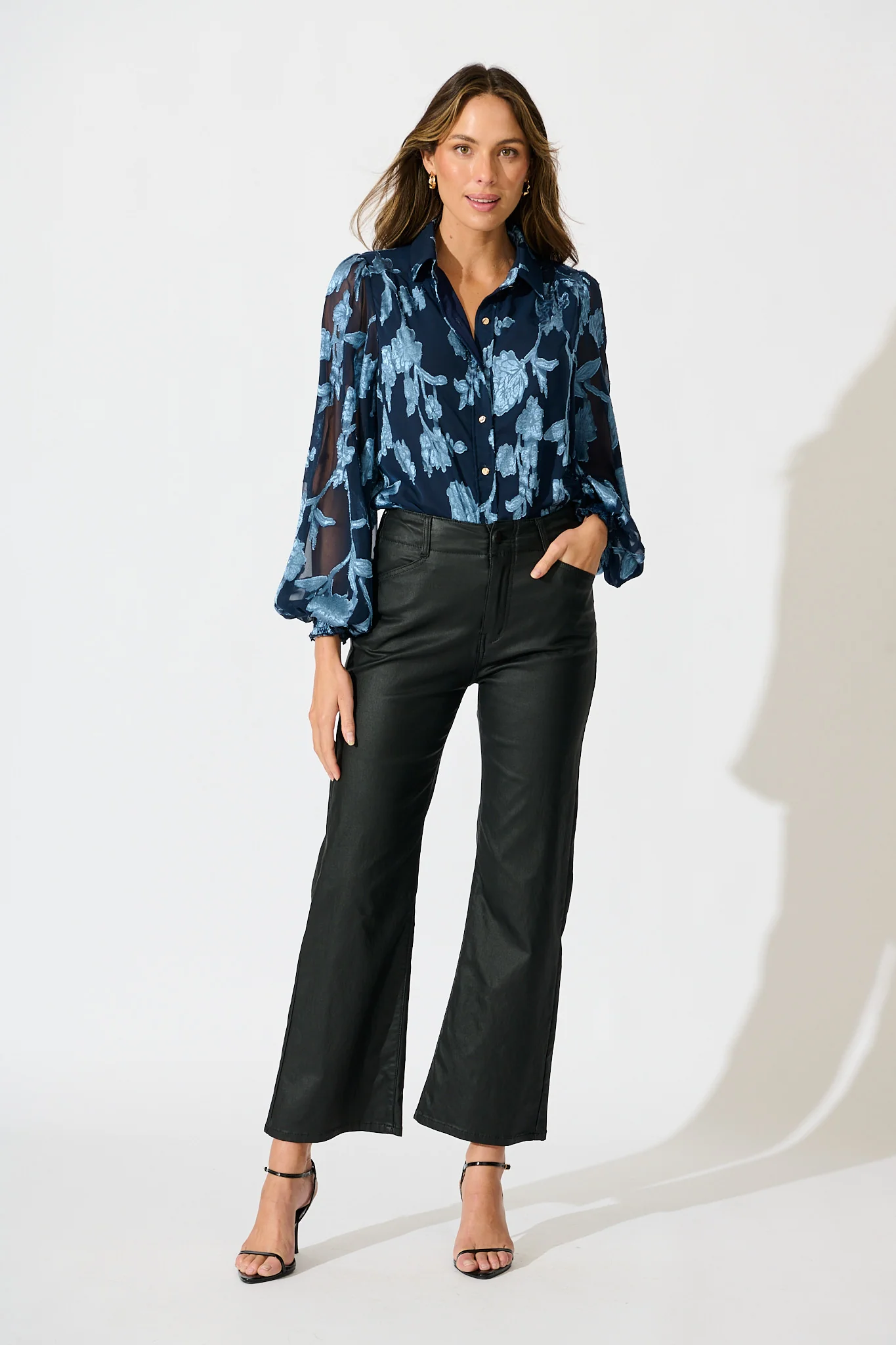Irene Shirt in Navy with Blue Floral Burnout Chiffon - Image 4