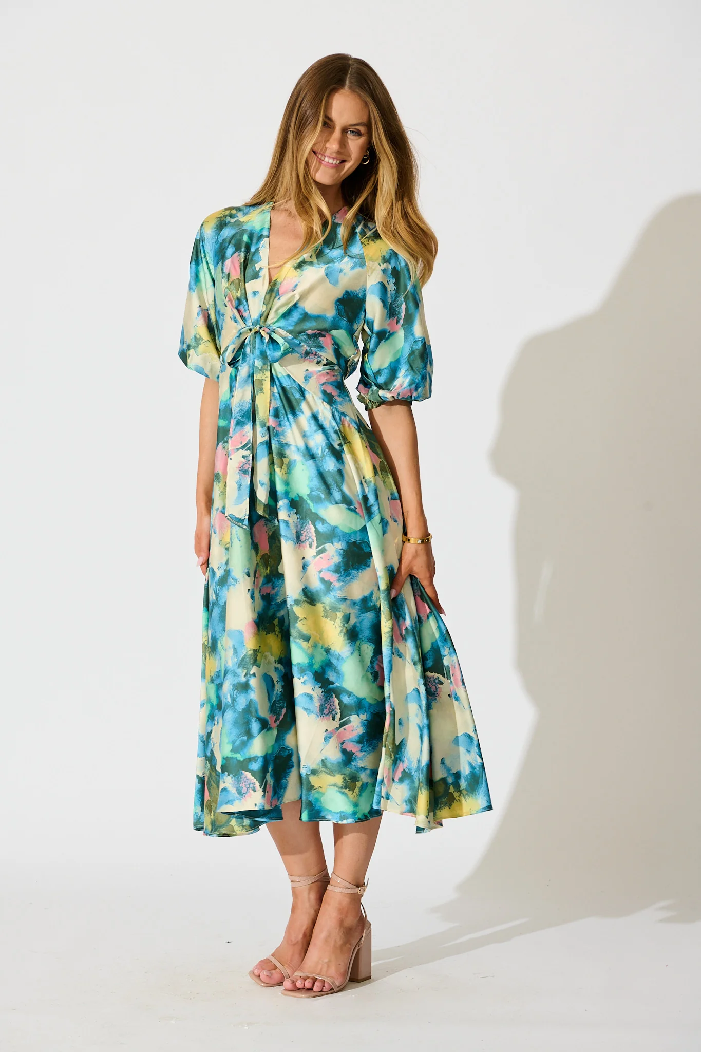 Iris Belle Maxi Dress in Blue Multi Watercolour Satin - Image 3