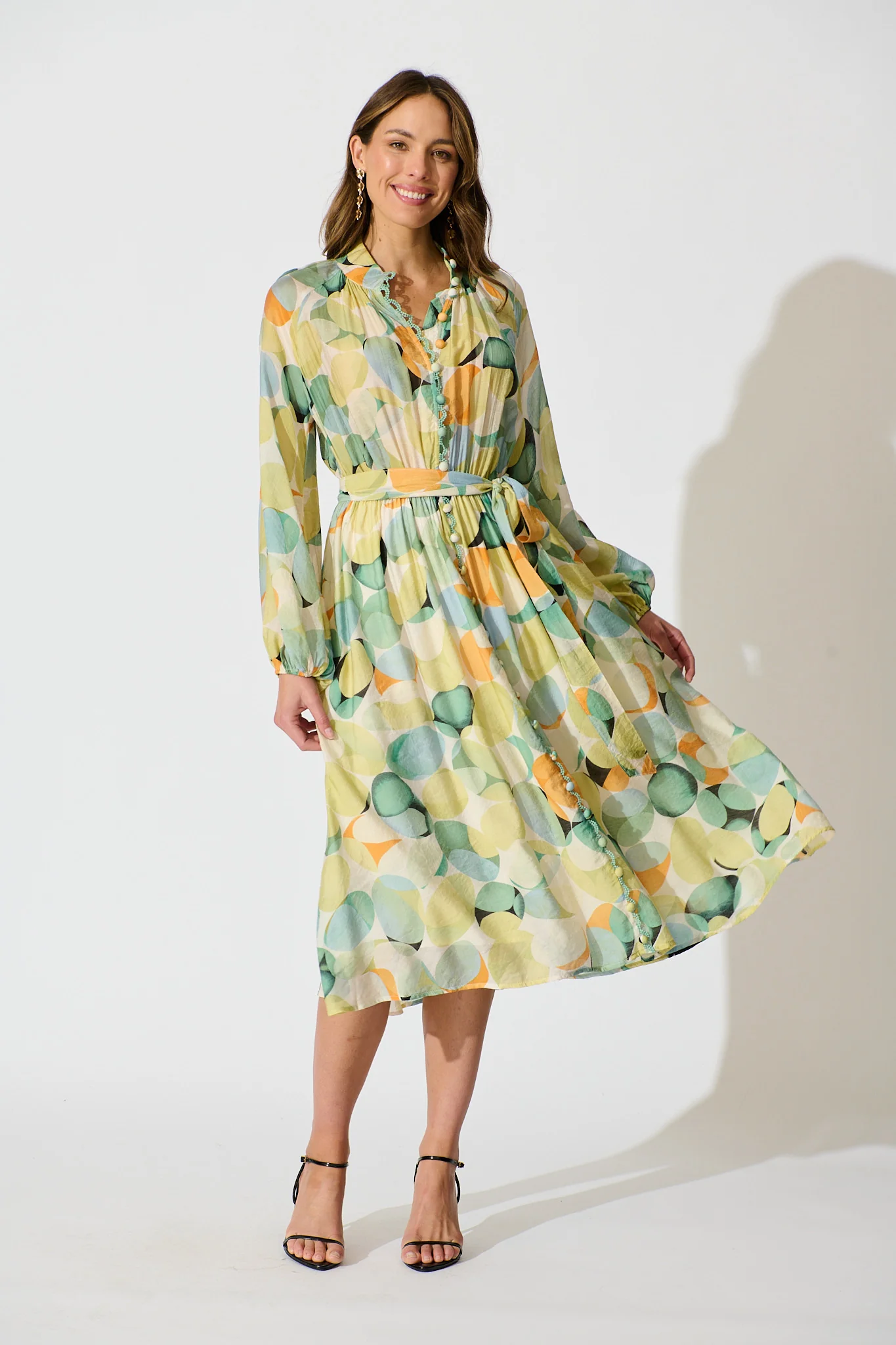 Isabeau Midi Dress in Green with Multi Watercolour Spot