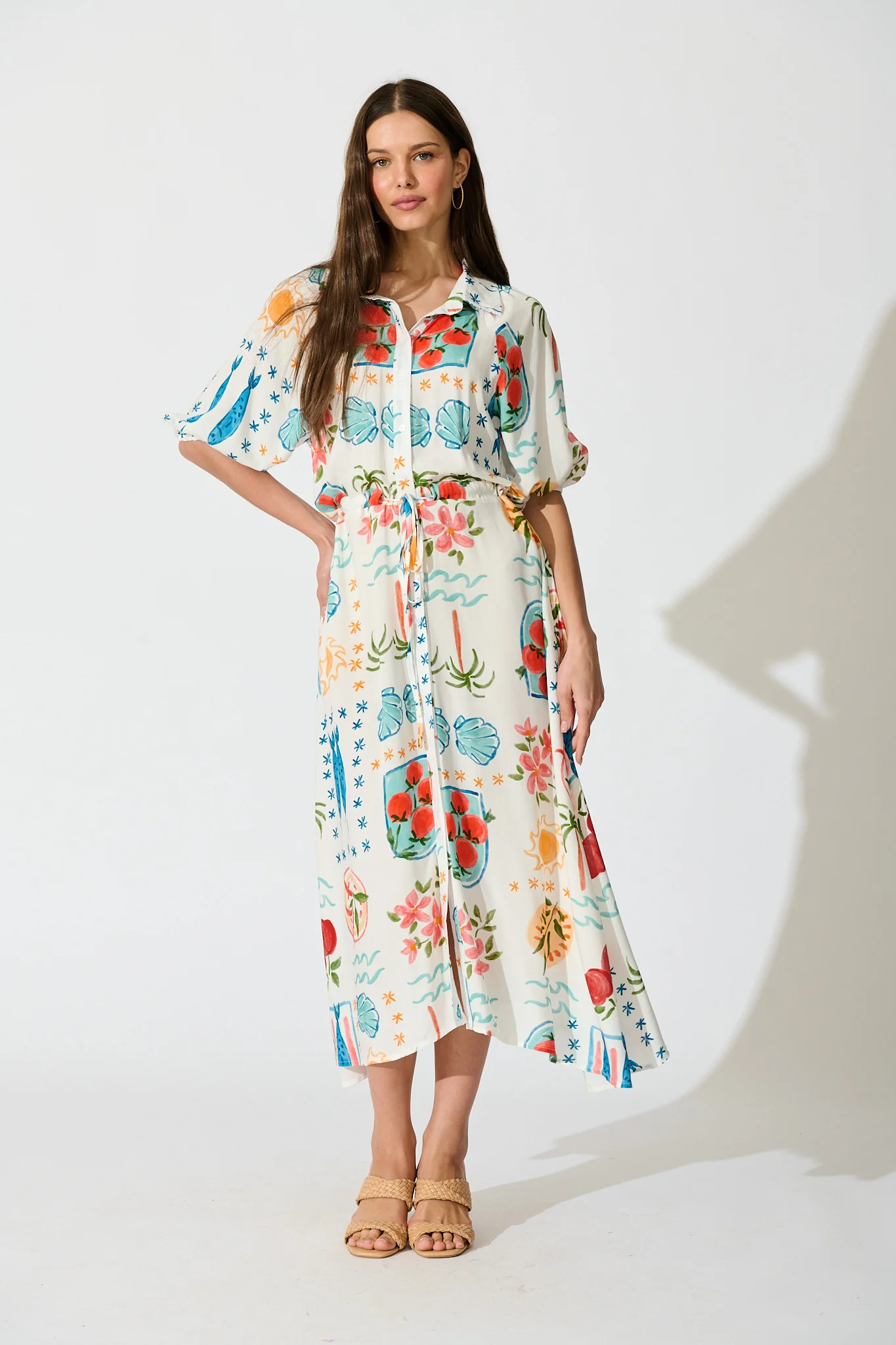Isla Botanica Midi Shirt Dress in Cream with Multi Conversational Print