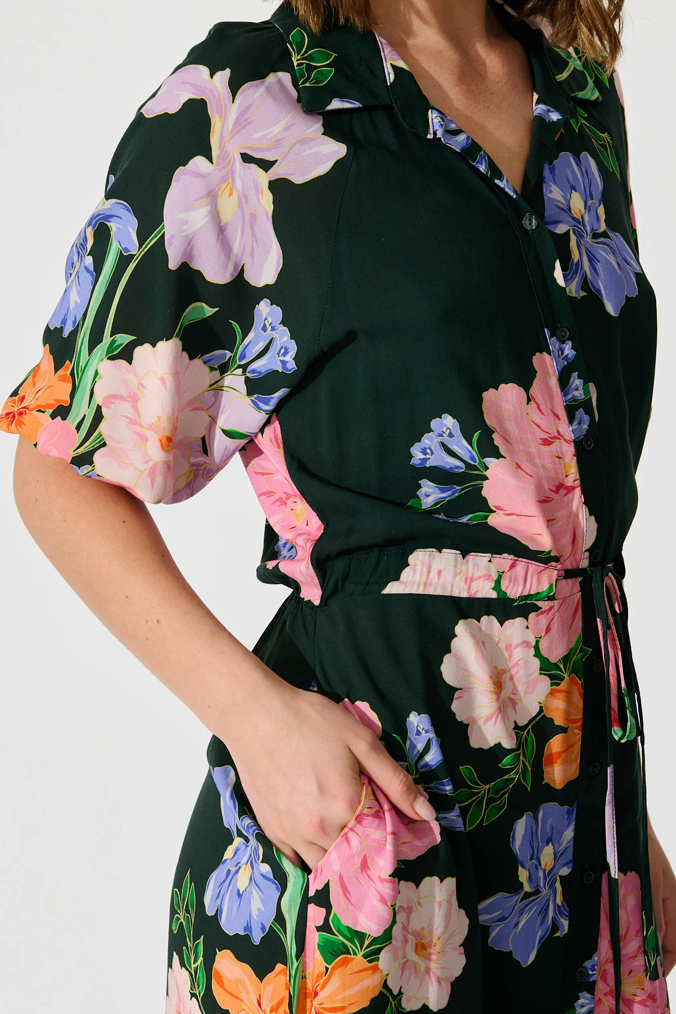 Isla Botanica Midi Shirt Dress in Green with Multi Floral - Image 11