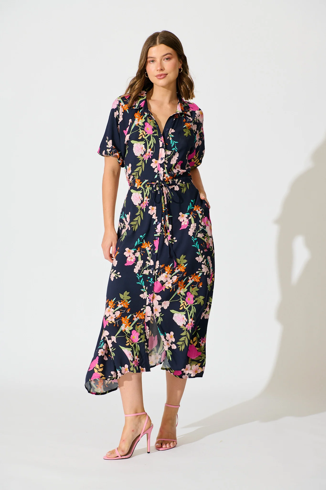 Isla Botanica Midi Shirt Dress in Navy Multi Floral
