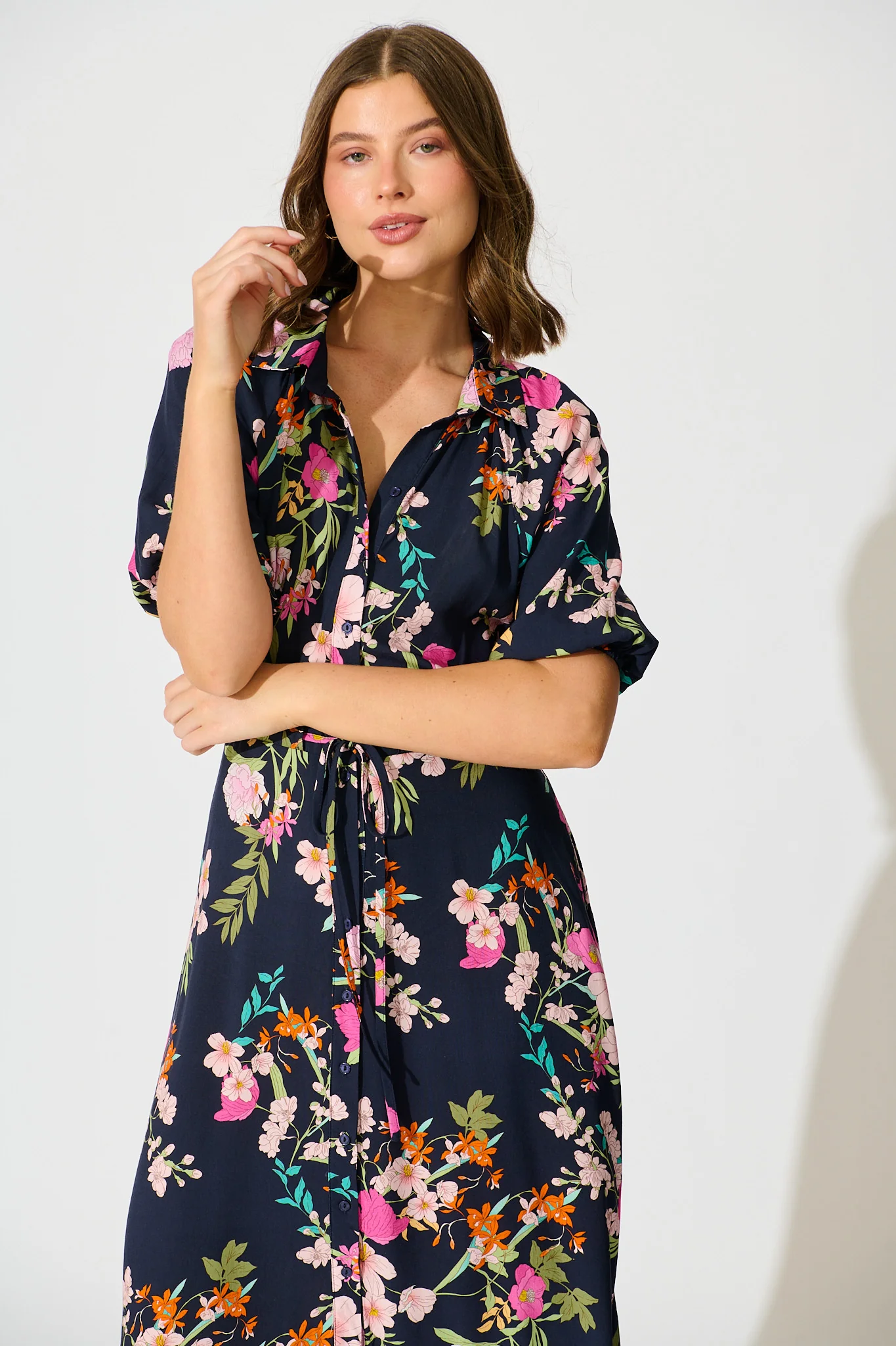 Isla Botanica Midi Shirt Dress in Navy Multi Floral - Image 2