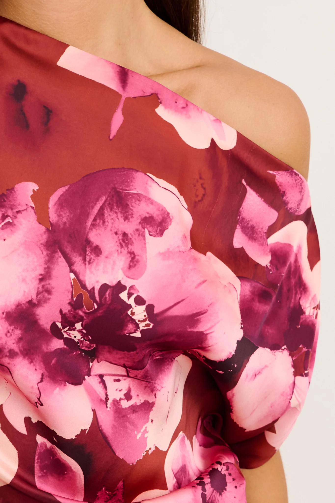 Island Aura Off Shoulder Top in Wine with Blush Floral Satin - Image 10