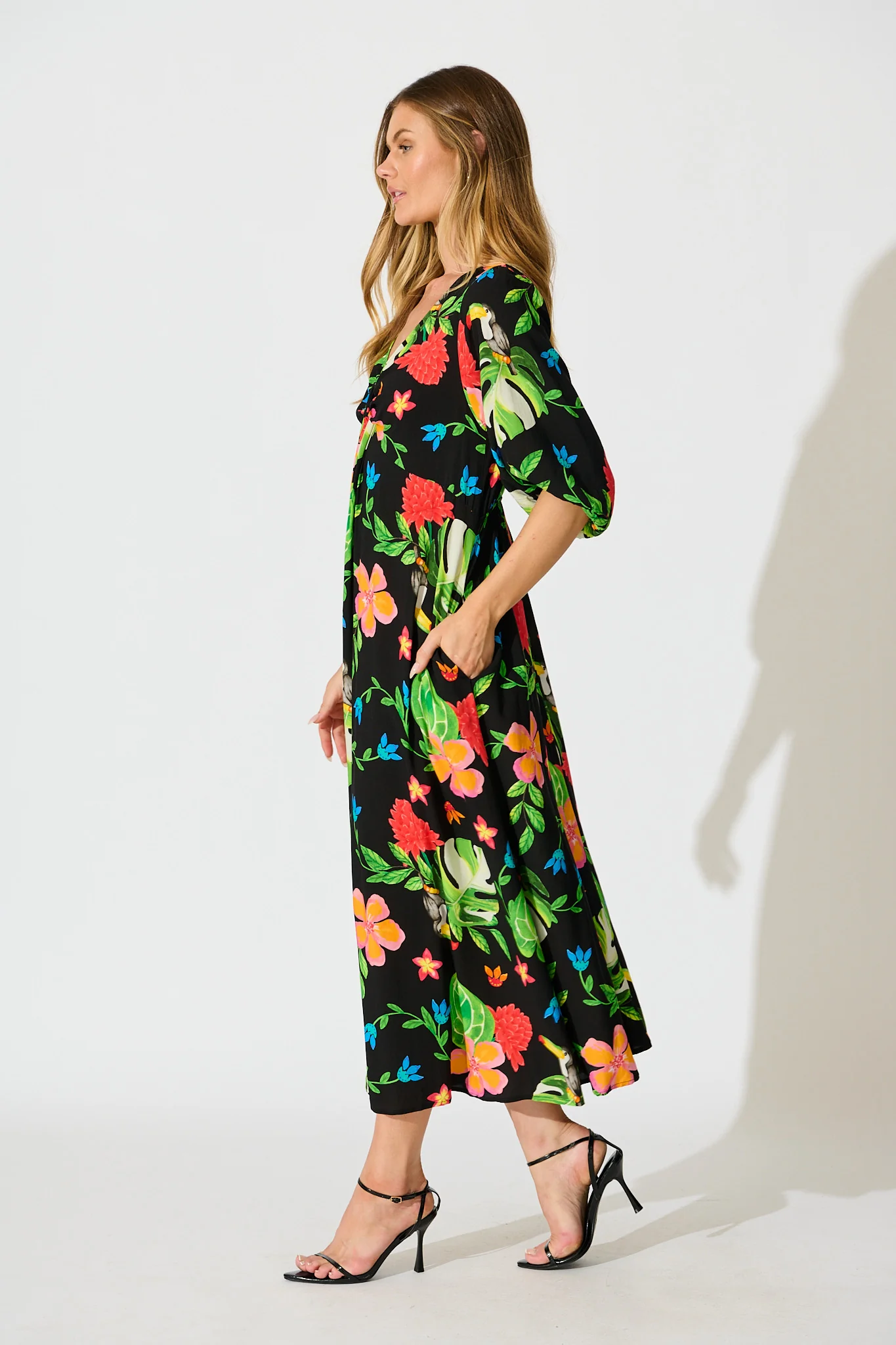 Island Tropic Maxi Dress in Black with Multi Tropical Print - Image 3
