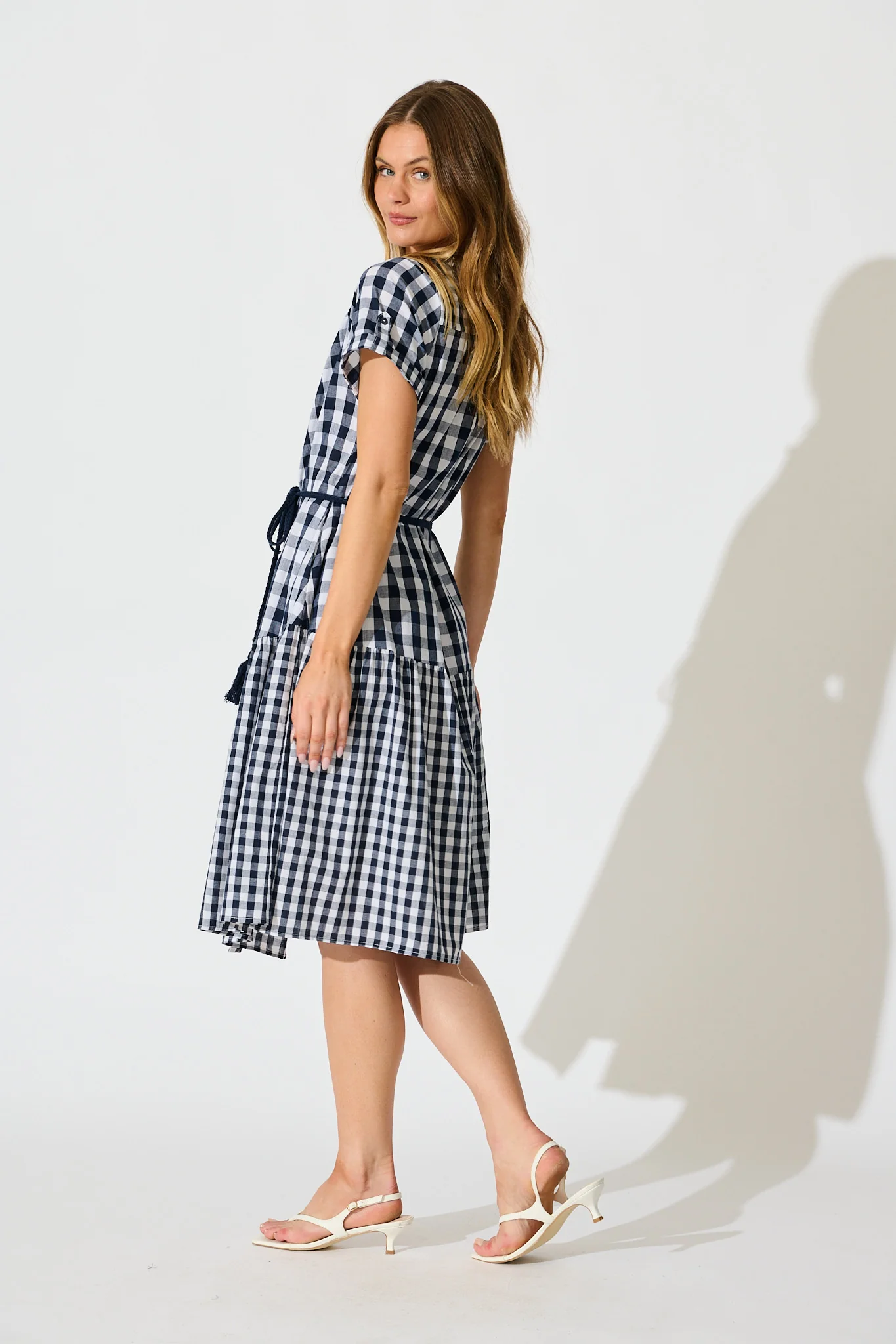 Ivara Midi Smock Dress in Navy Gingham Check Cotton - Image 3