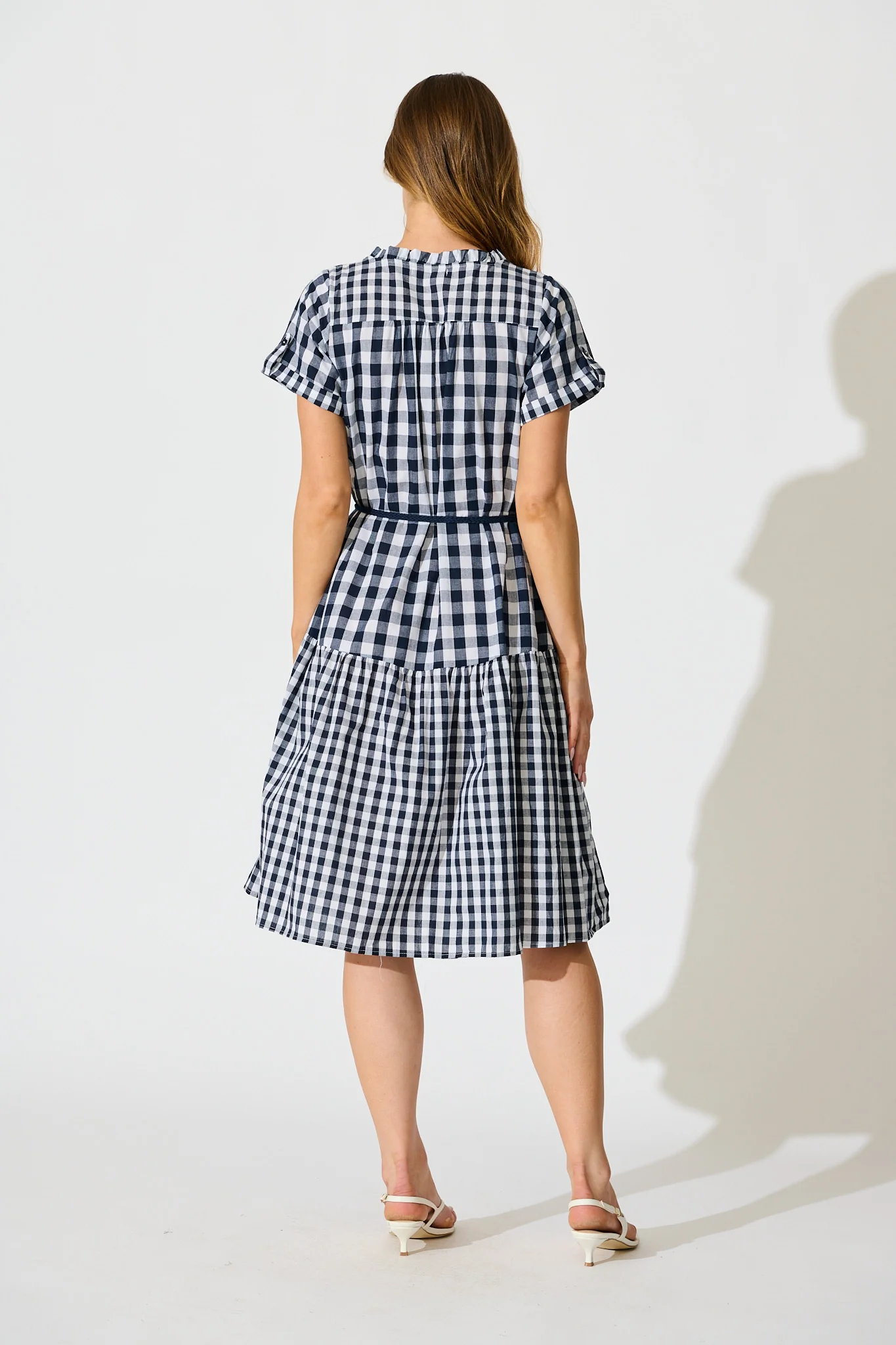 Ivara Midi Smock Dress in Navy Gingham Check Cotton - Image 4