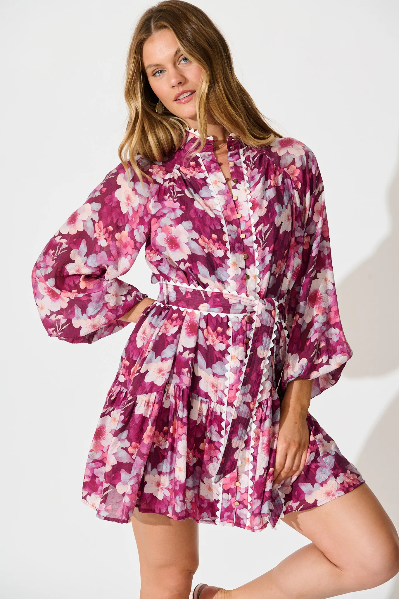 Izzy Dress in Plum Floral with Ric Rac Trim - Image 2