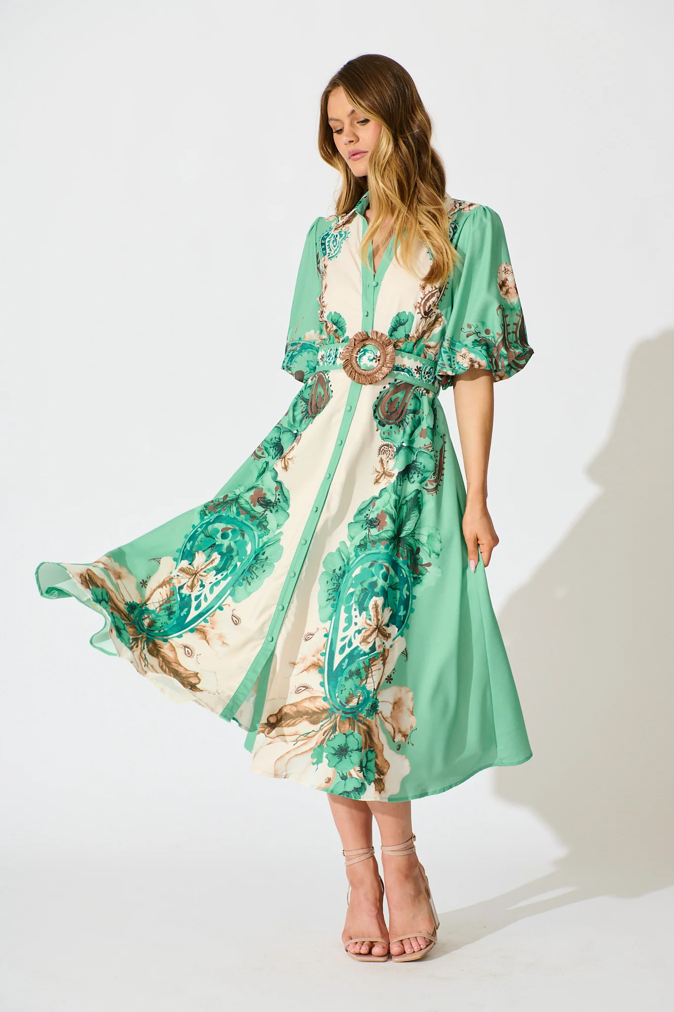 Jade Garden Midi Shirt Dress in Cream with Jade Print Linen Blend - Image 3