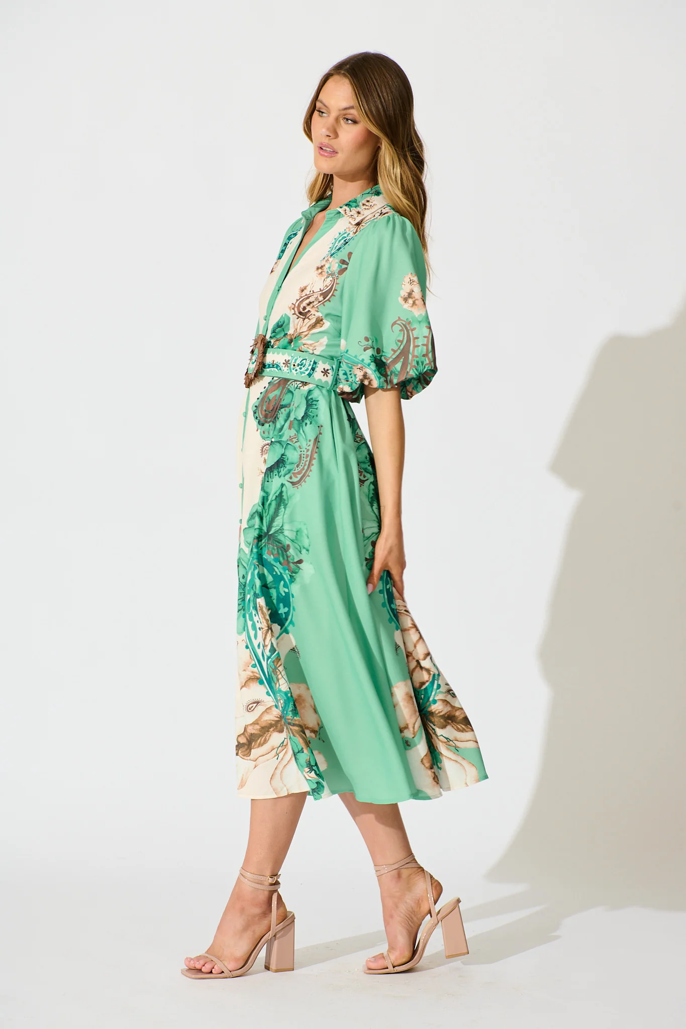 Jade Garden Midi Shirt Dress in Cream with Jade Print Linen Blend - Image 6