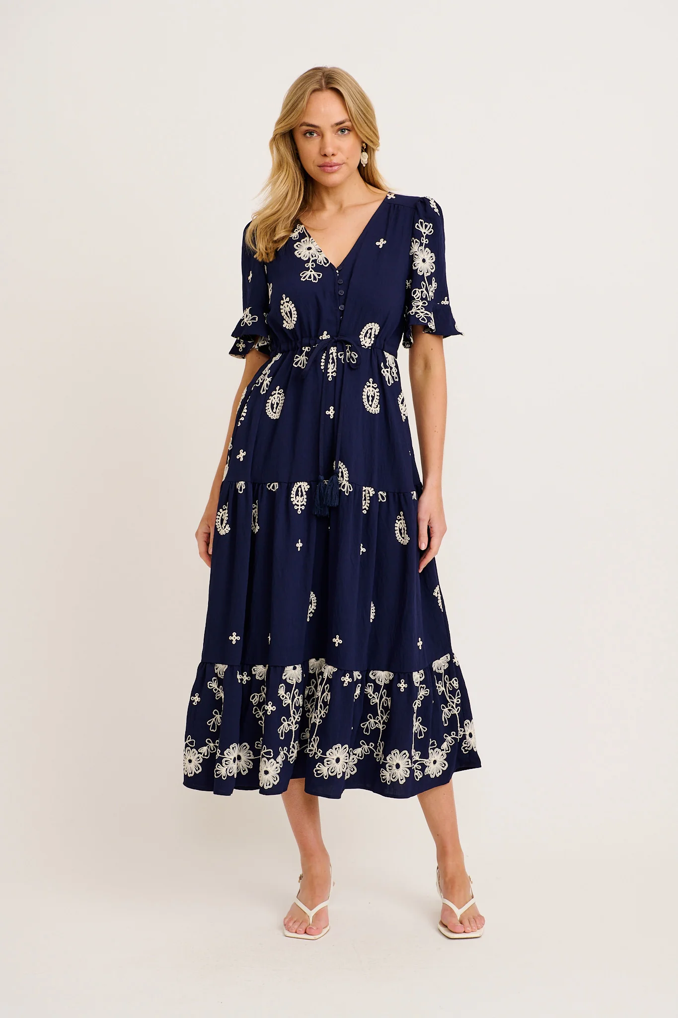 Jaliyah Maxi Dress in Navy with White Embroidery