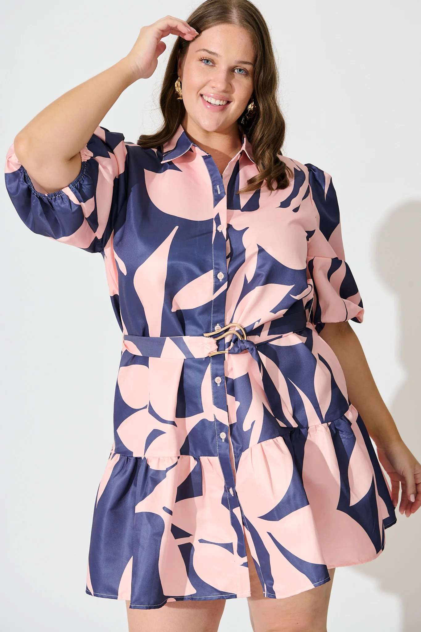 Janae Shirt Dress In Blue with Blush Print - Image 8