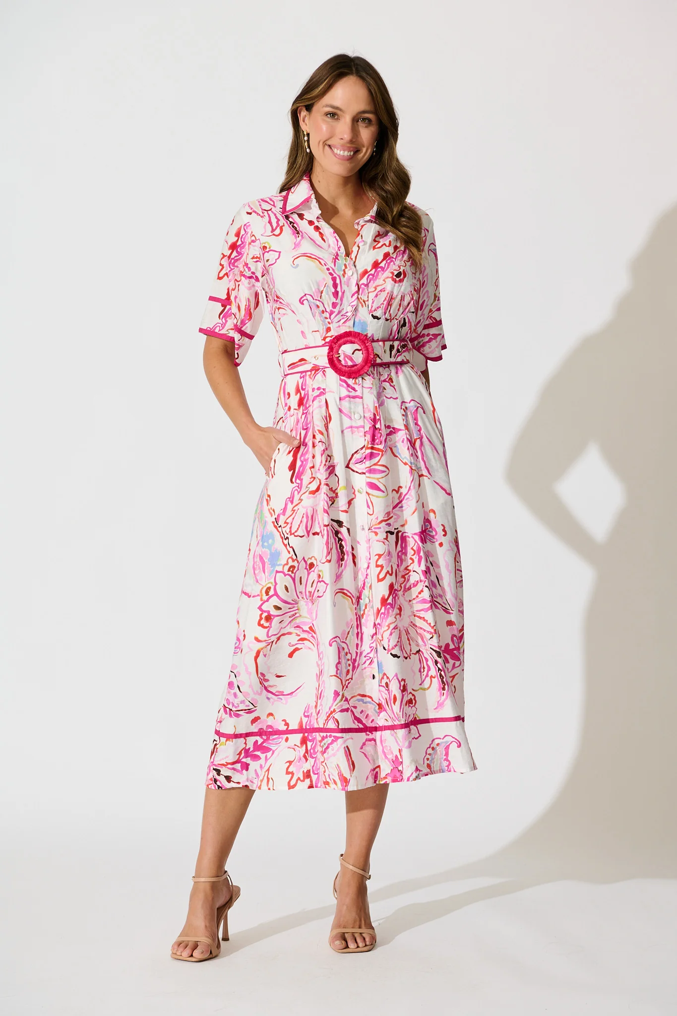 Jayda Maxi Shirt dress in White with Pink Abstract Floral