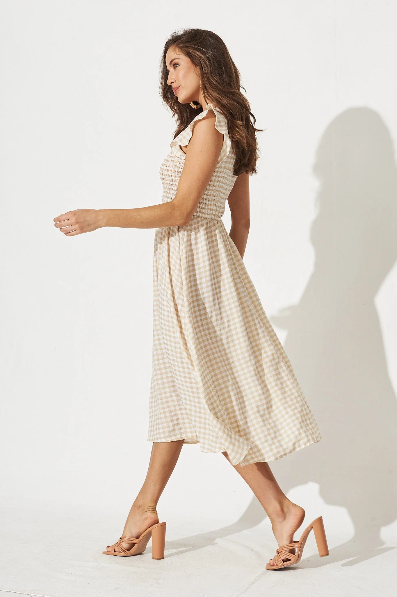 Jeannie Midi Dress In Beige Gingham - Image 5