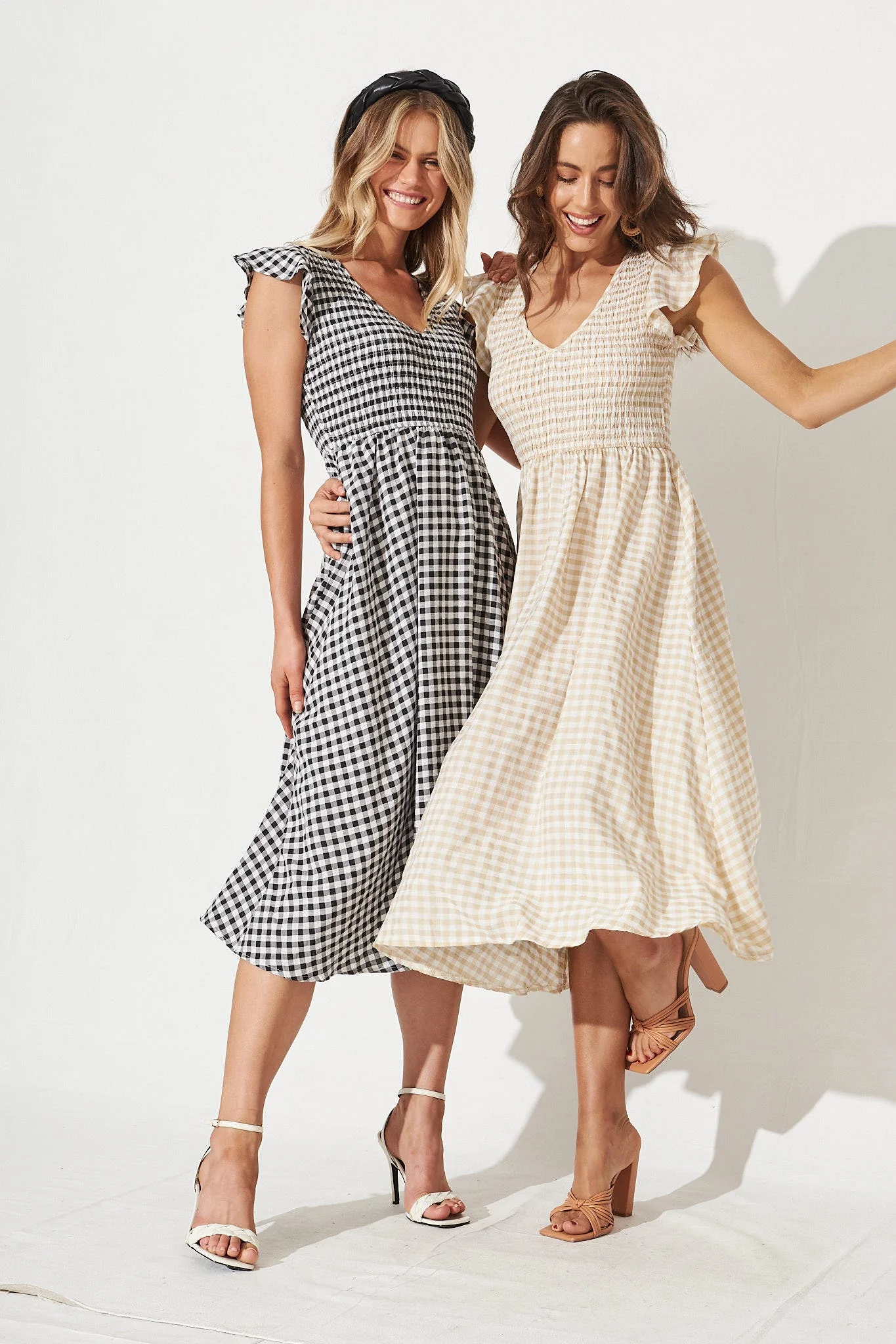 Jeannie Midi Dress In Beige Gingham - Image 9