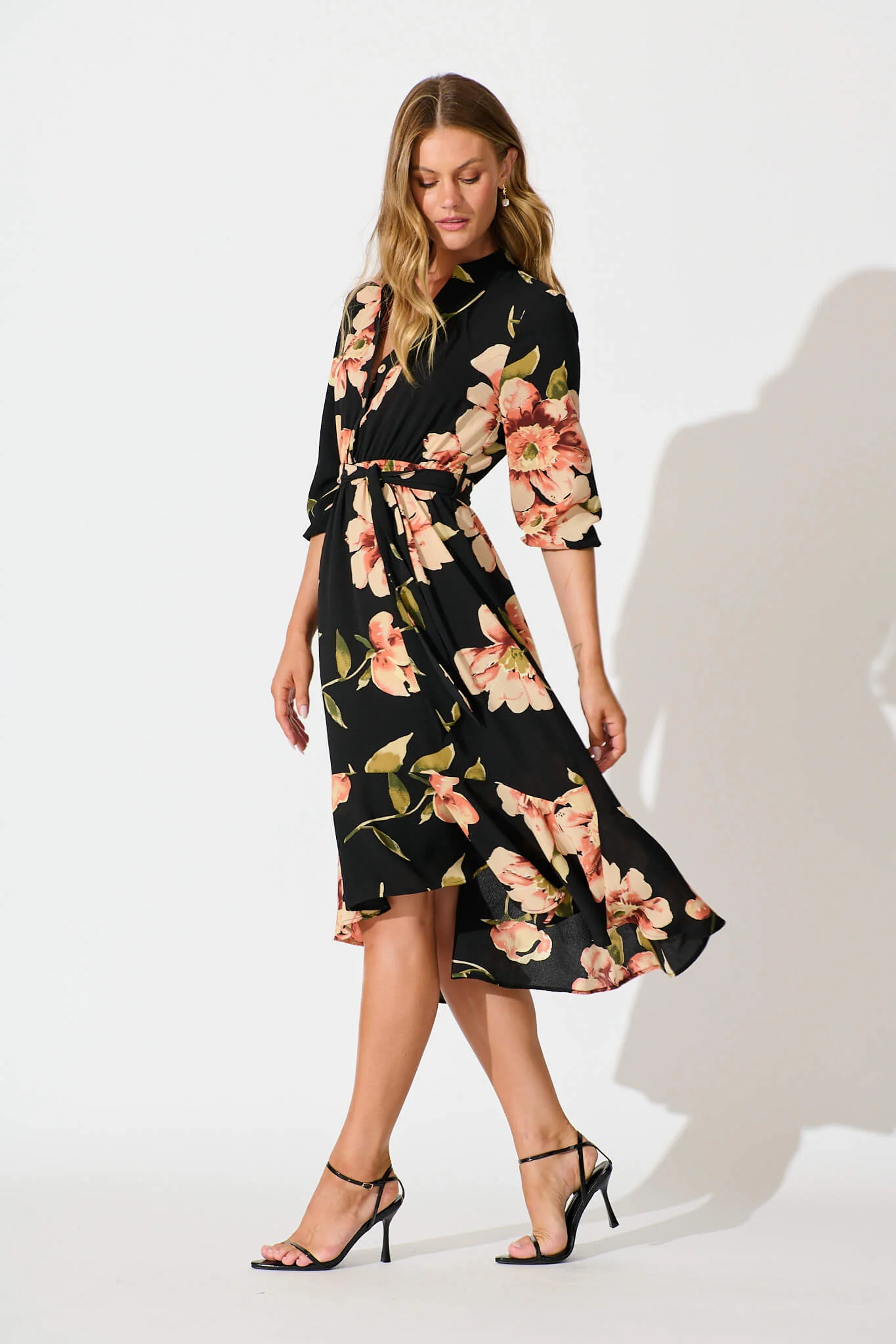 Jemimah Midi Dress In Black with Blush Floral - Image 3