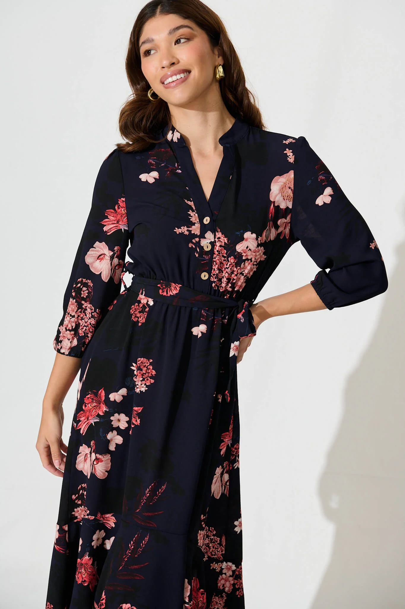 Jemimah Midi Dress In Navy With Pink And Blush Floral - Image 2
