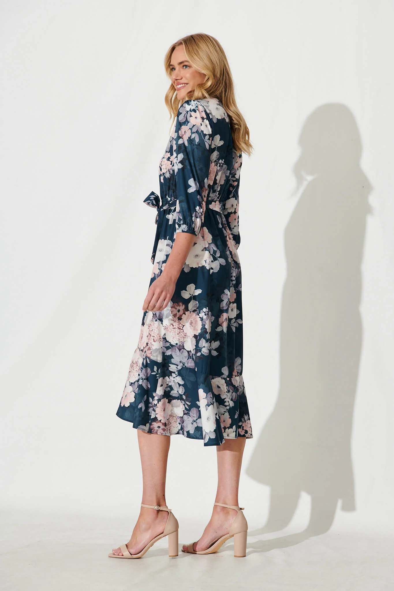 Jemimah Midi Dress In Teal With Blush Floral Print - Image 3
